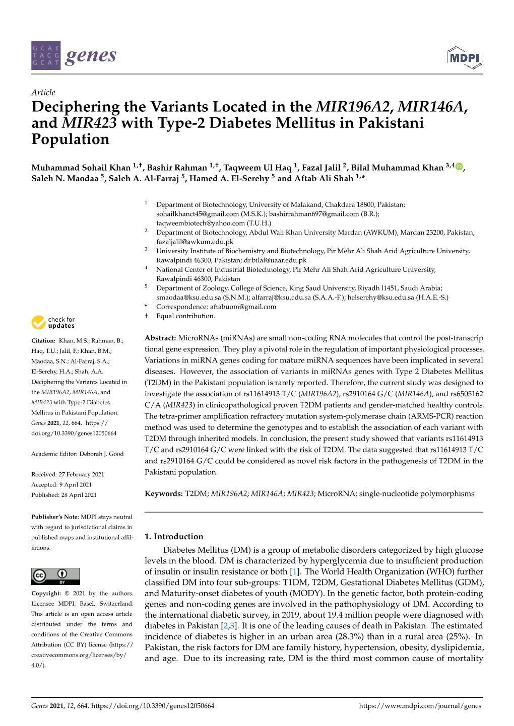Deciphering the Variants Located in the MIR196A2, MIR146A, and MIR423 with Type-2 Diabetes Mellitus in Pakistani Population