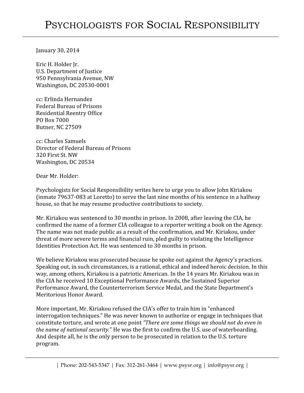 Psysr Sends Letter of Support for CIA Whistleblower John Kiriakou