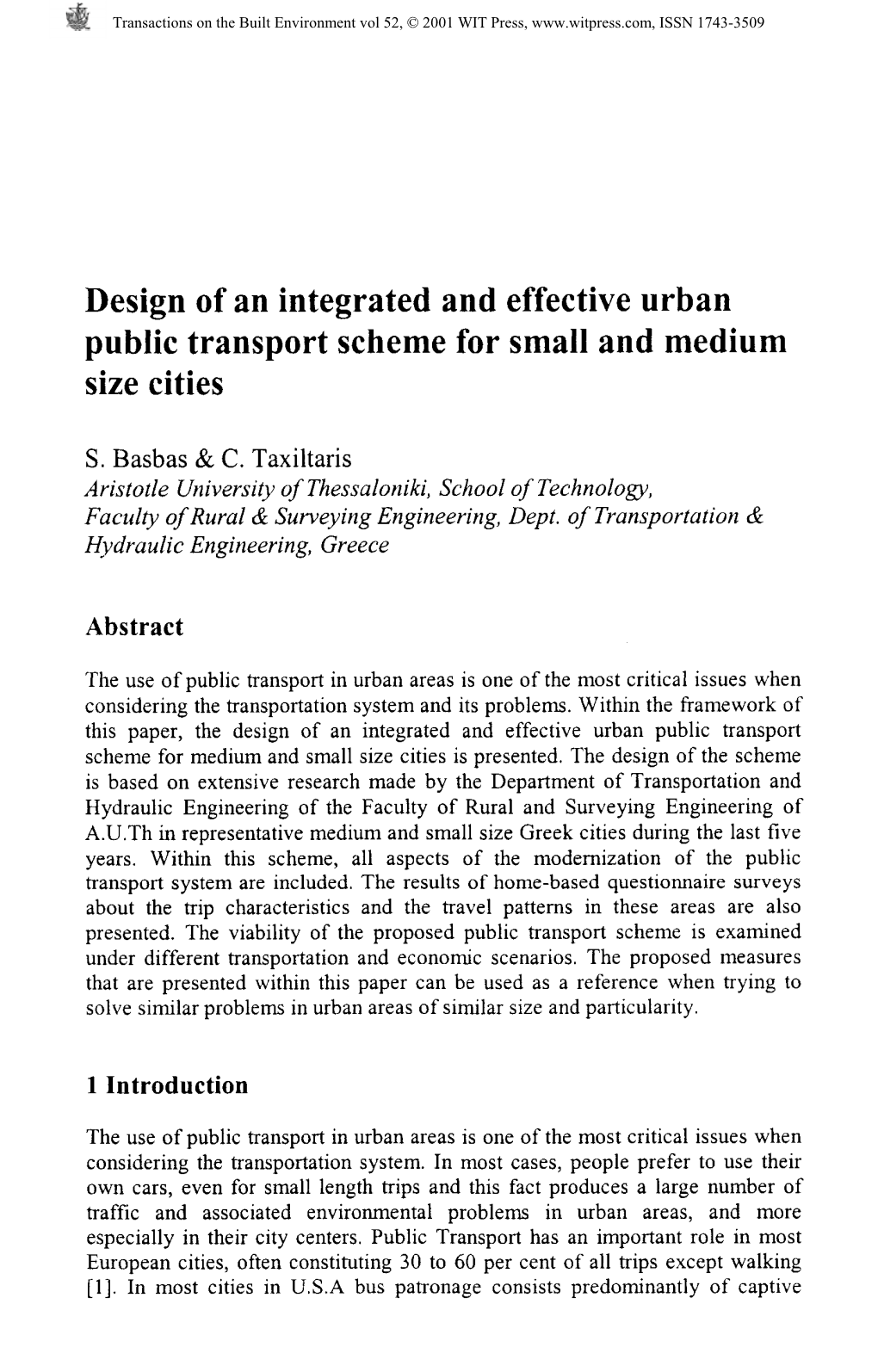 Design of an Integrated and Effective Urban Public Transport Scheme for Small and Medium Size Cities