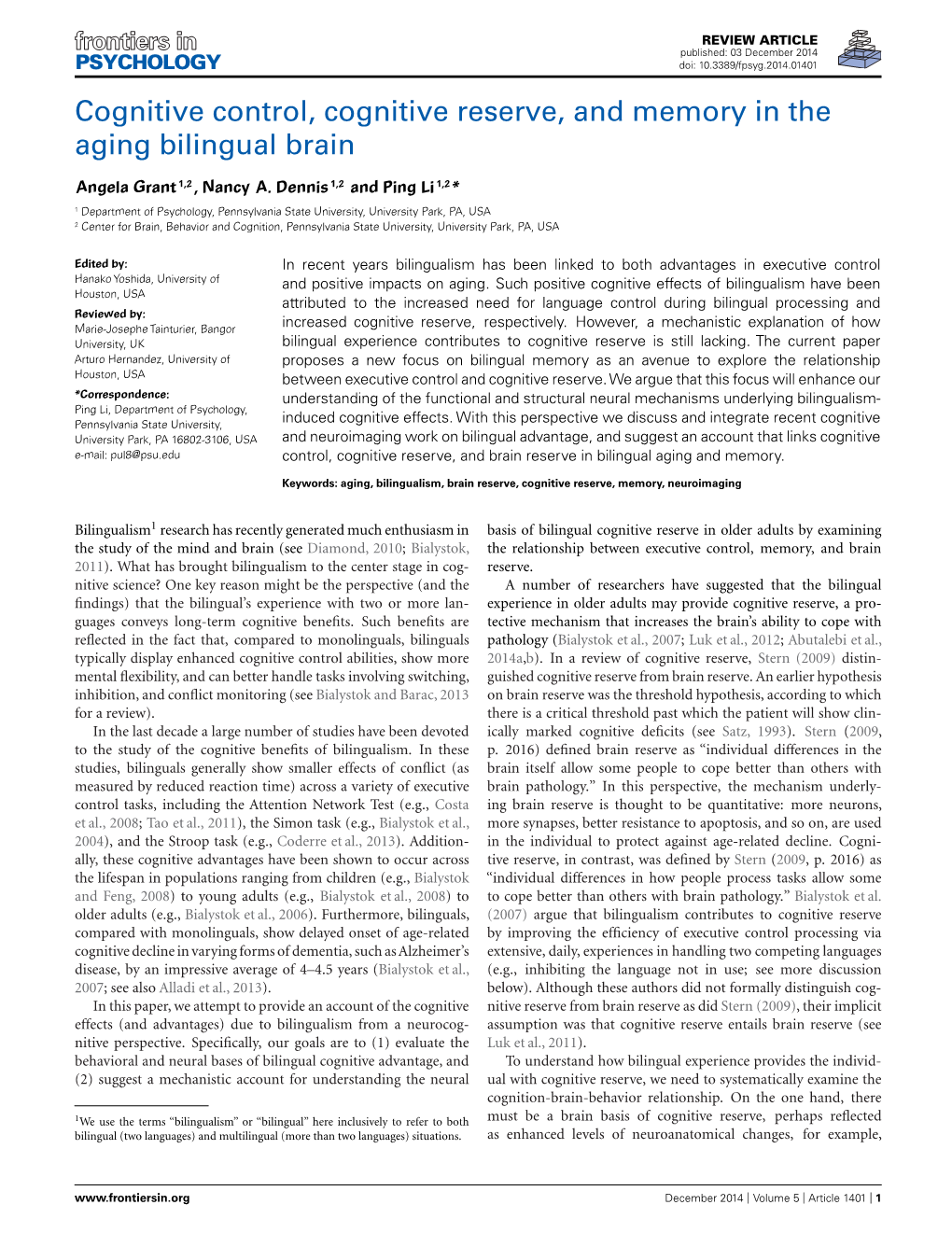 Cognitive Control, Cognitive Reserve, and Memory in the Aging Bilingual Brain