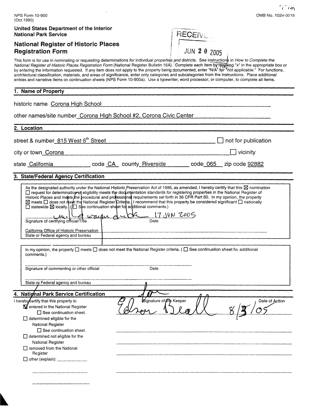 National Register of Historic Places J ! Registration Form !