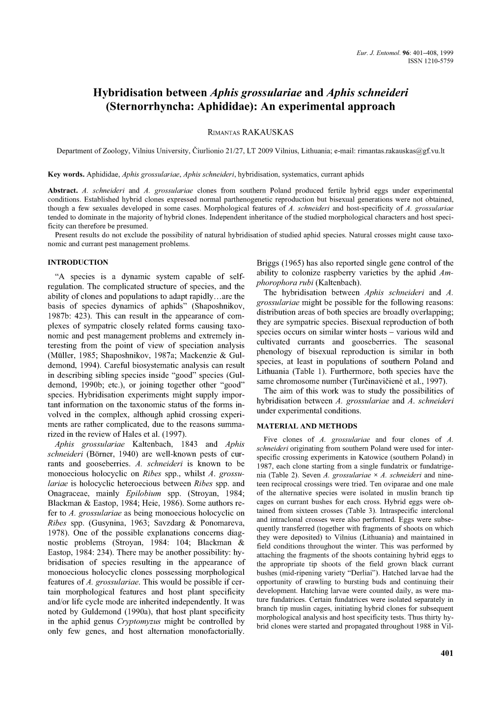 Hybridisation Between Aphis Grossulariae and Aphis Schneideri