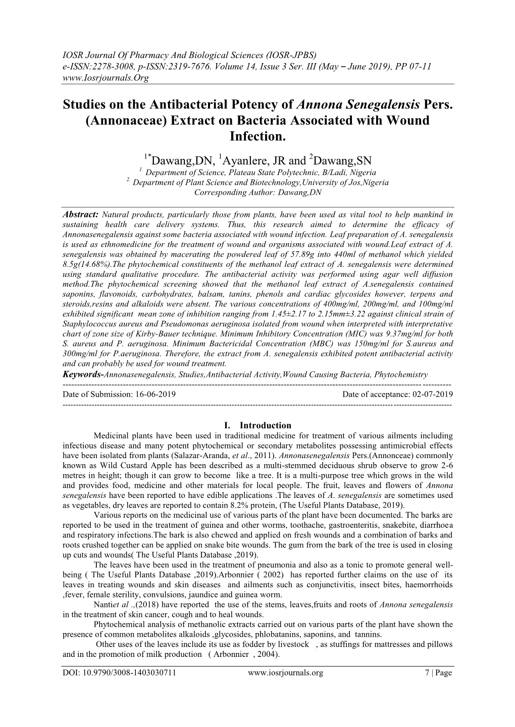 Studies on the Antibacterial Potency of Annona Senegalensis Pers