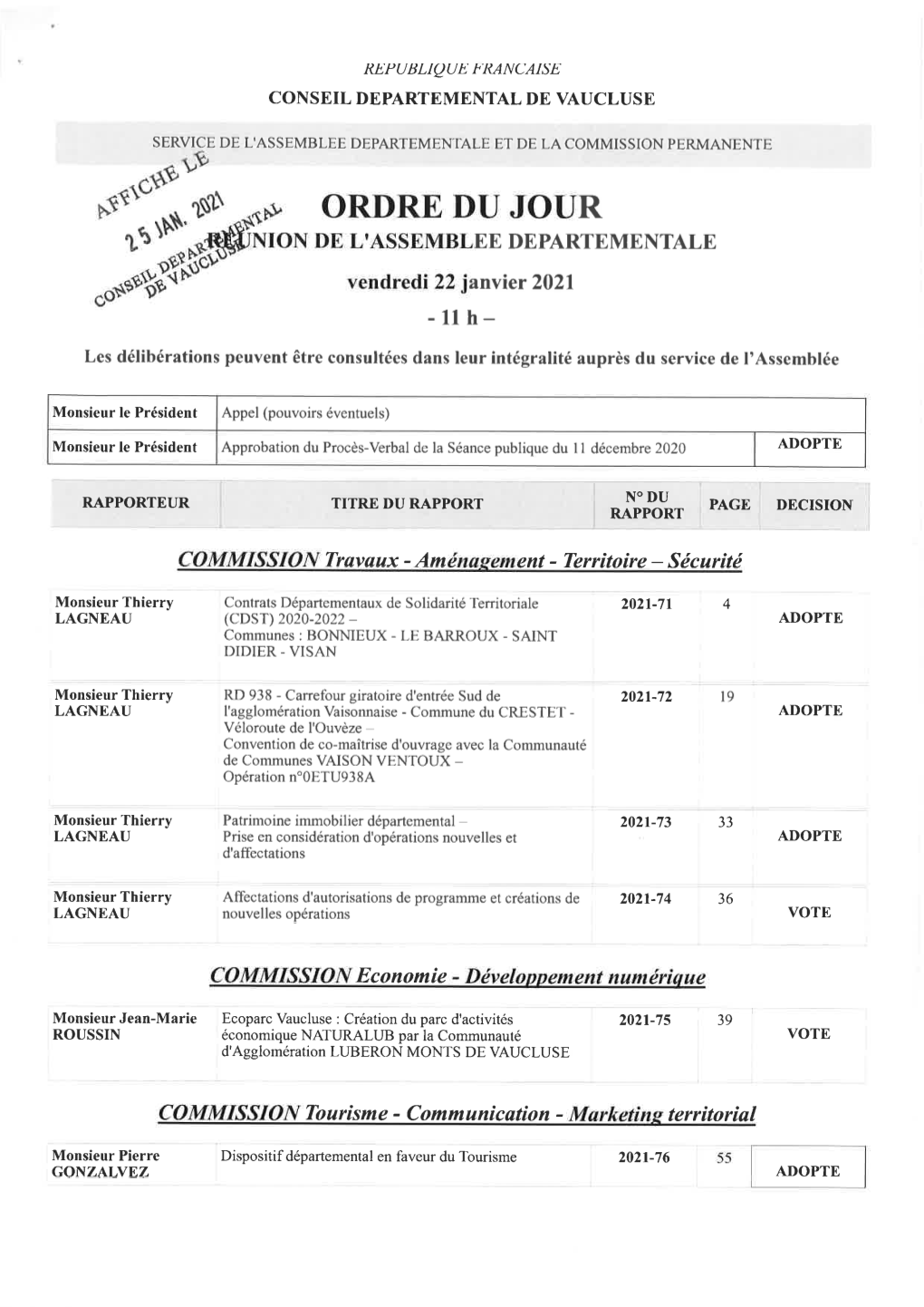 "R-T{Itbïrg$I Ron DE L,ASSEMBLBE DEIARTEMENTALE È Vendredi 22 Ianvier 2021 "O**$I{ -11 H