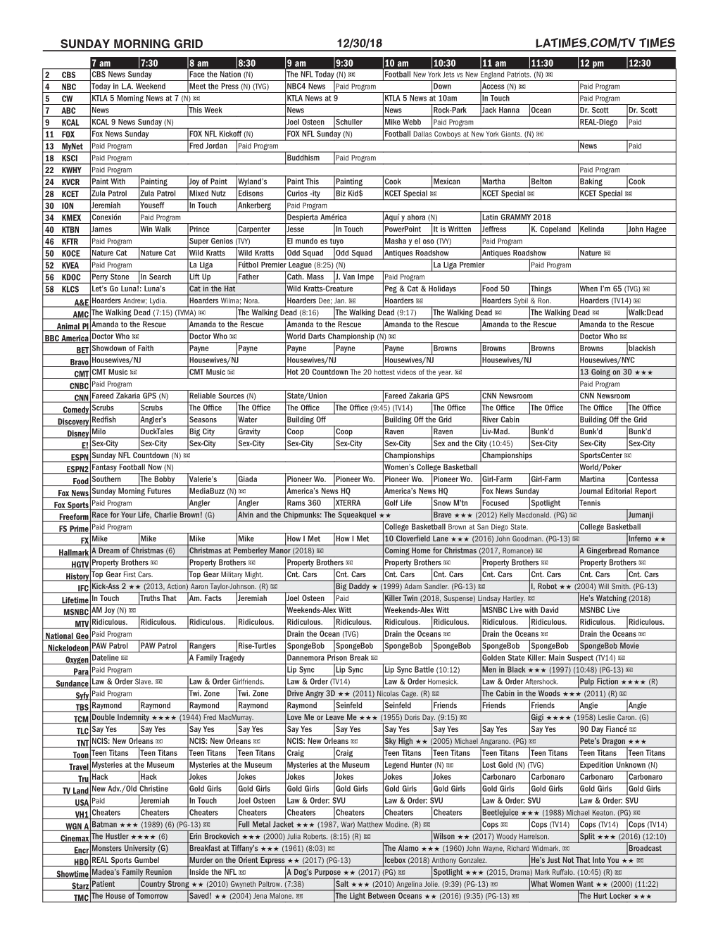 Sunday Morning Grid 12/30/18 Latimes.Com/Tv Times