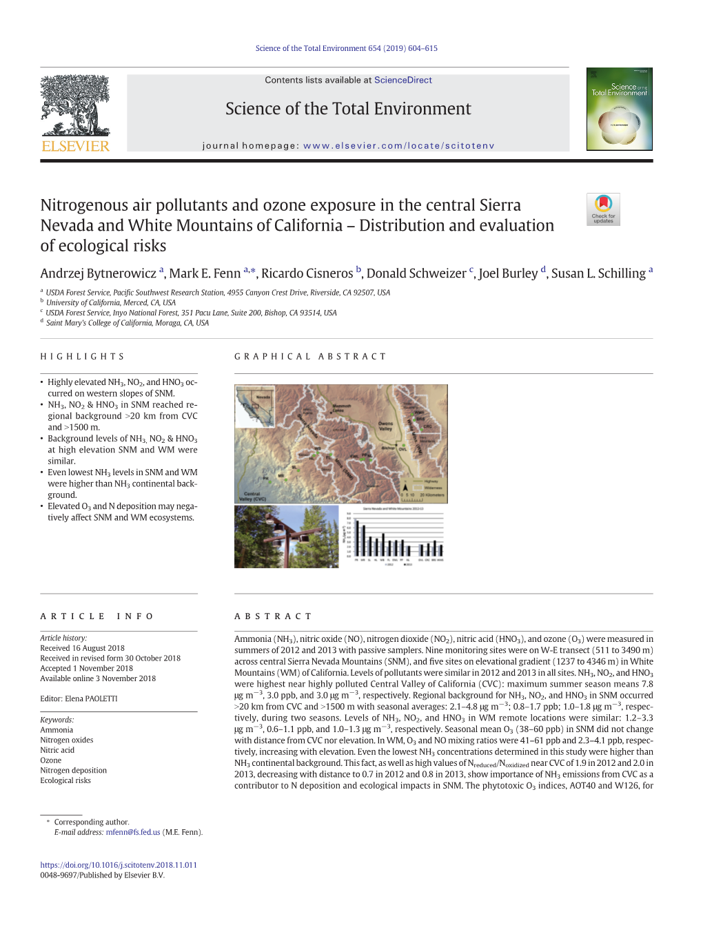 Nitrogenous Air Pollutants and Ozone Exposure in the Central Sierra Nevada and White Mountains of California – Distribution and Evaluation of Ecological Risks