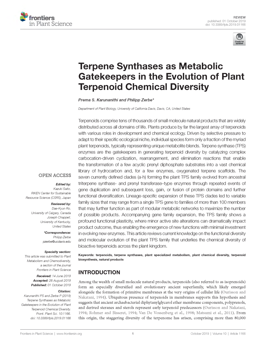 Terpene Synthases As Metabolic Gatekeepers in the Evolution of Plant Terpenoid Chemical Diversity