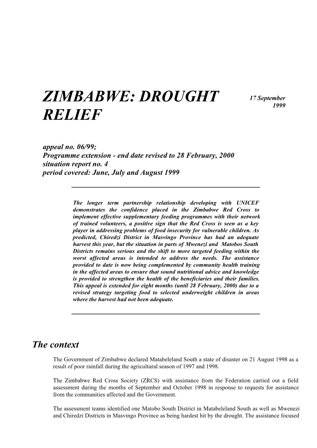 ZIMBABWE DROUGHT RELIEF (Appeal 06/99)