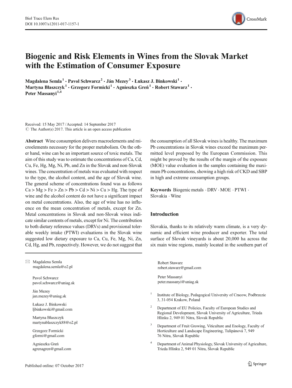 Biogenic and Risk Elements in Wines from the Slovak Market with the Estimation of Consumer Exposure