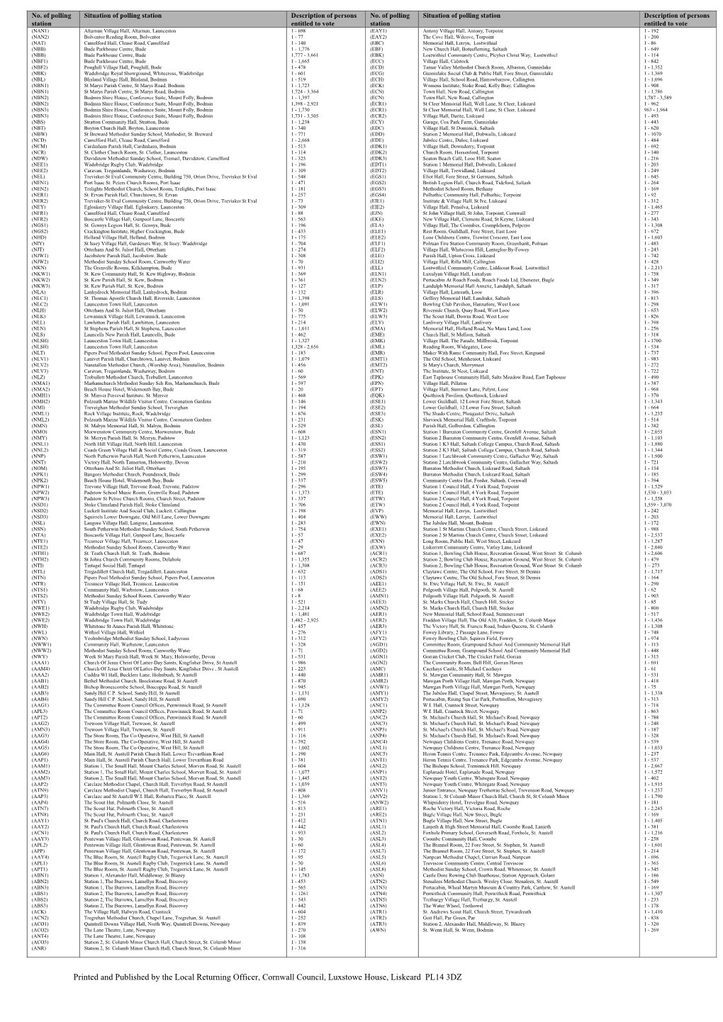 Printed and Published by the Local Returning Officer, Cornwall Council, Luxstowe House, Liskeard PL14 3DZ