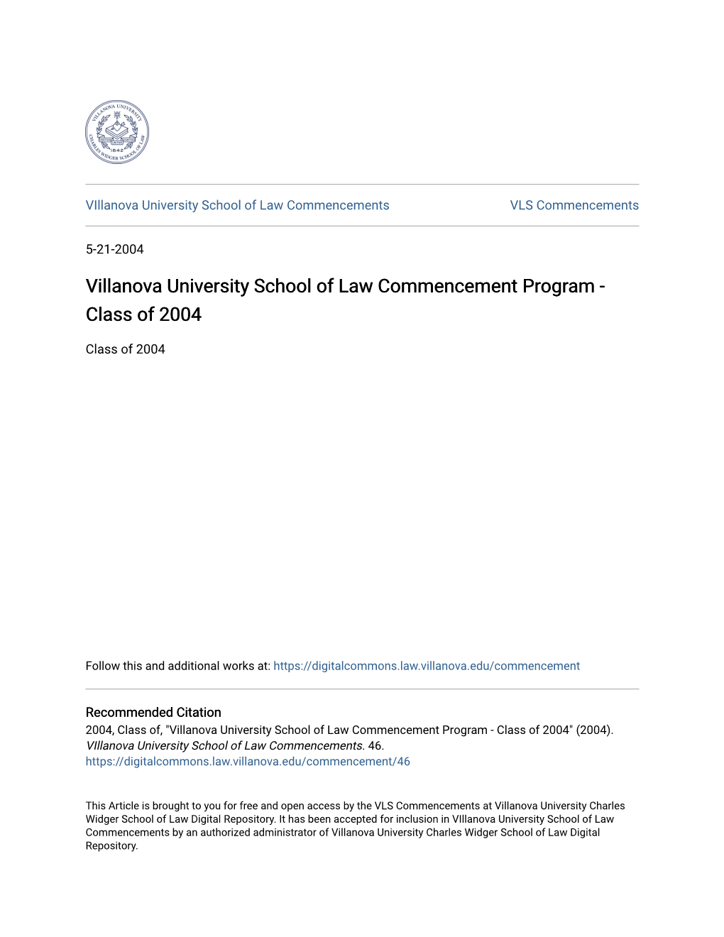 Villanova University School of Law Commencement Program - Class of 2004