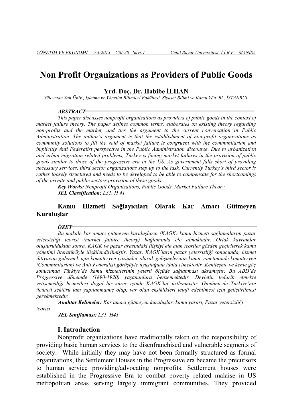 Non Profit Organizations As Providers of Public Goods