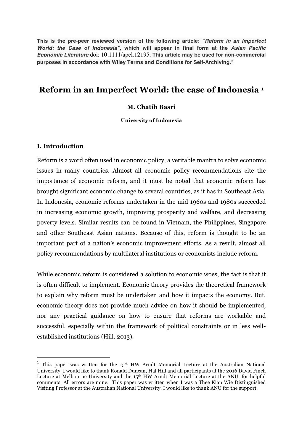 Reform in an Imperfect World: the Case of Indonesia 1