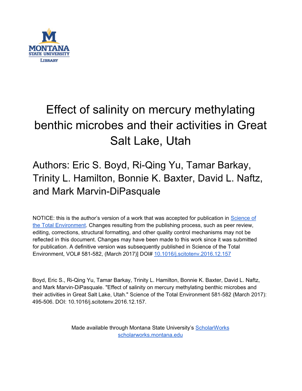 Effect of Salinity on Mercury Methylating Benthic Microbes and Their Activities in Great Salt Lake, Utah