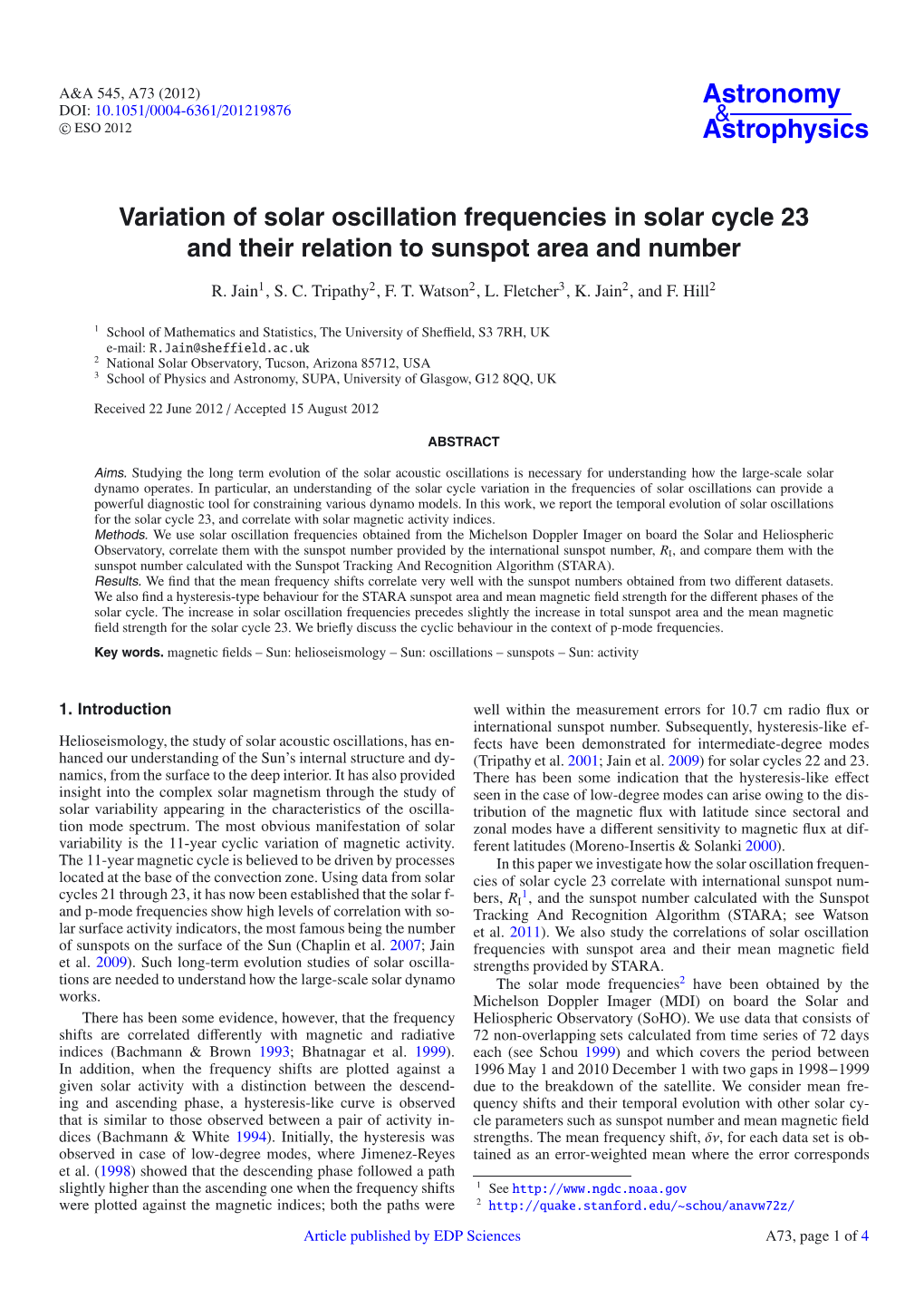 Variation of Solar Oscillation Frequencies in Solar Cycle 23 and Their Relation to Sunspot Area and Number