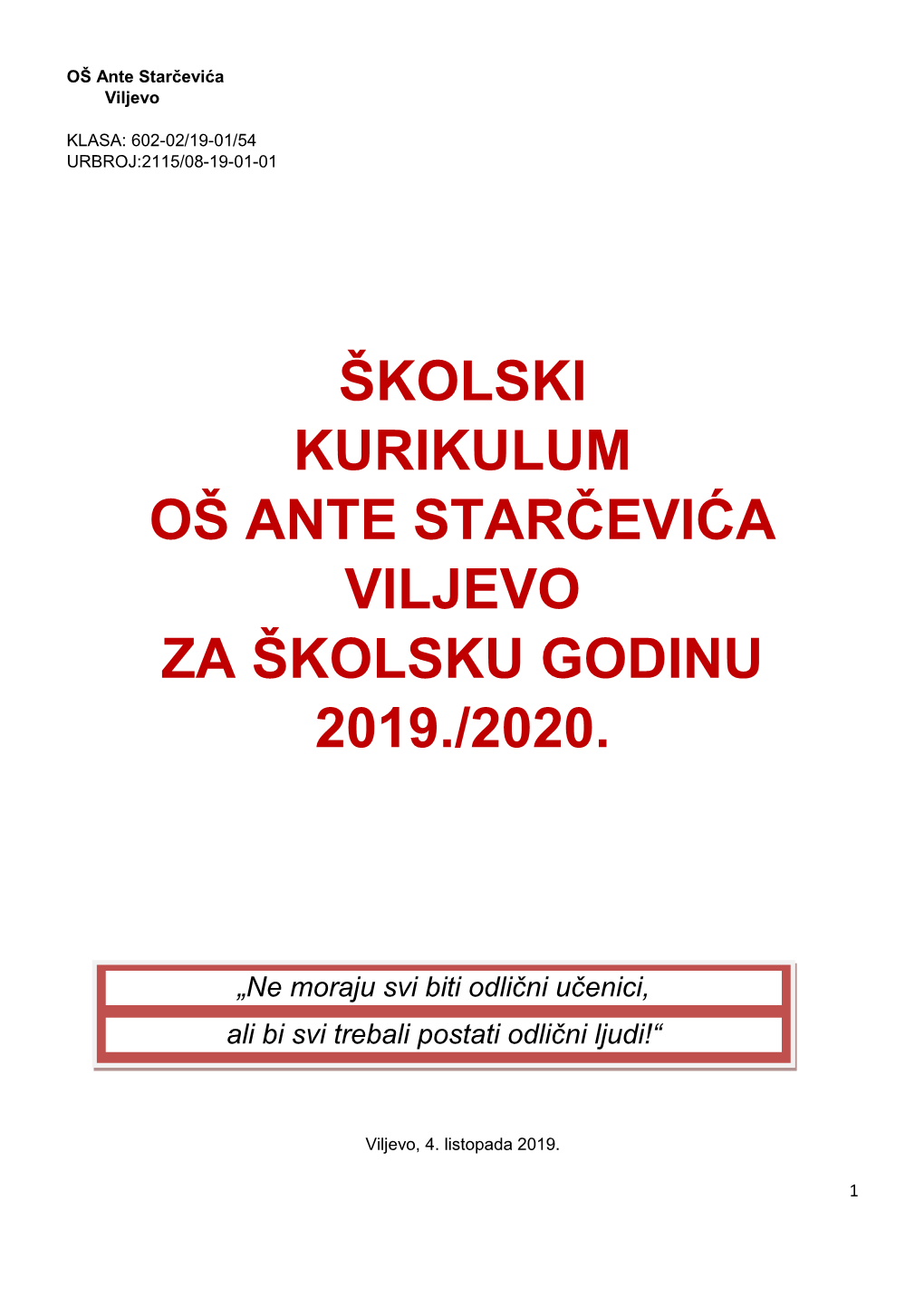 Kurikulum OŠ Ante Starčevića Viljevo Za Šk.God. 2013./2014