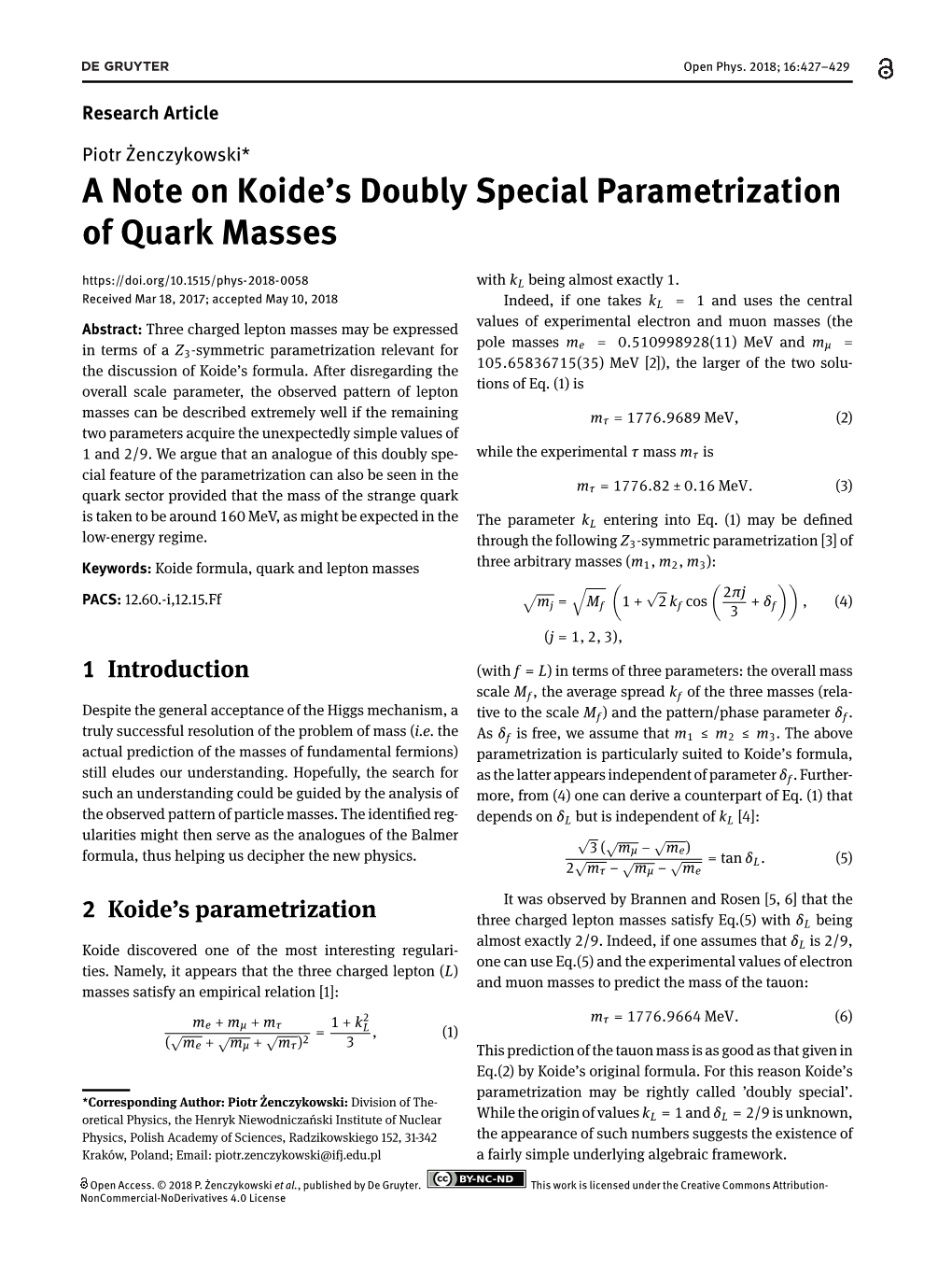 A Note on Koide's Doubly Special Parametrization of Quark Masses