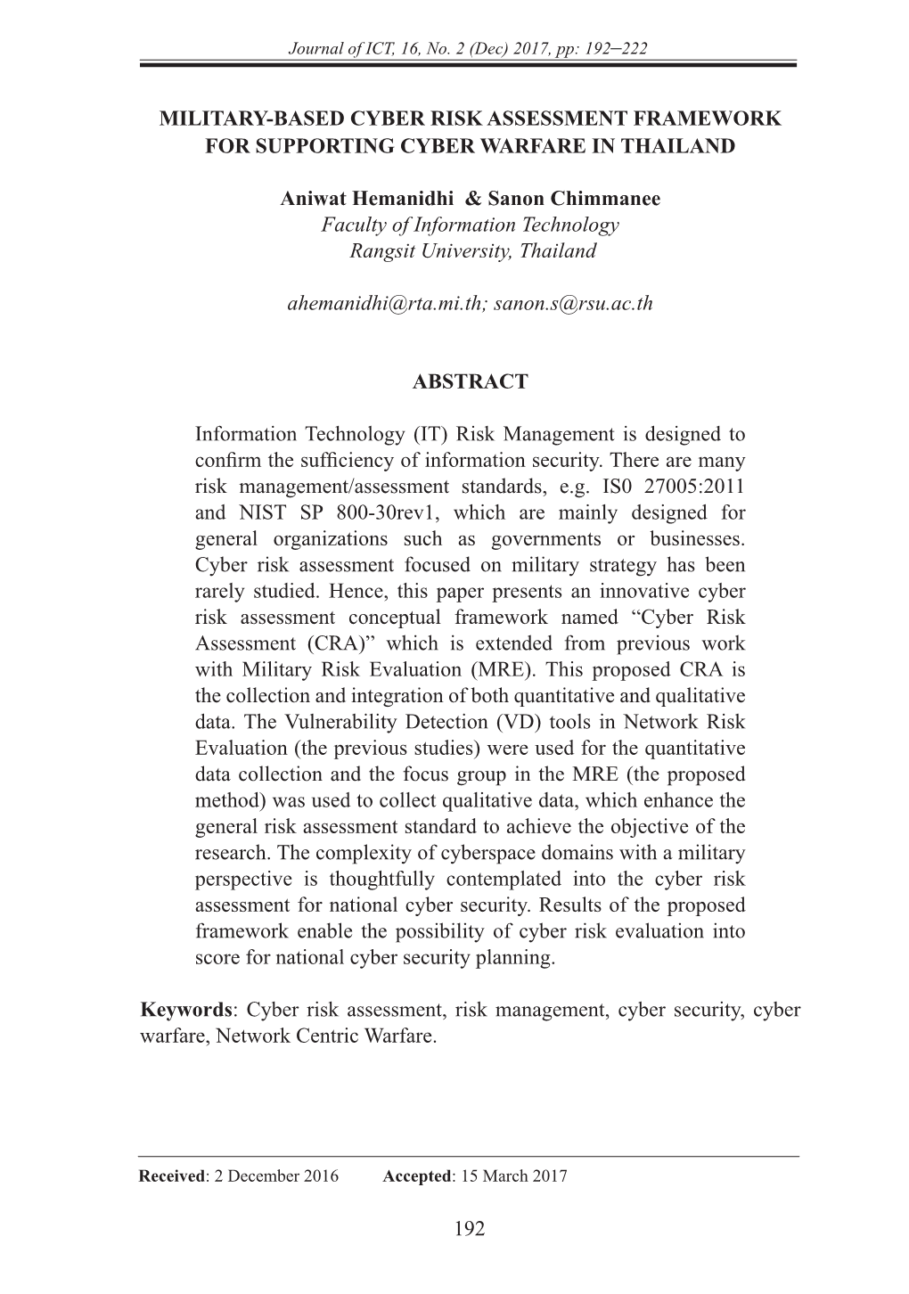 Military-Based Cyber Risk Assessment Framework for Supporting Cyber Warfare in Thailand