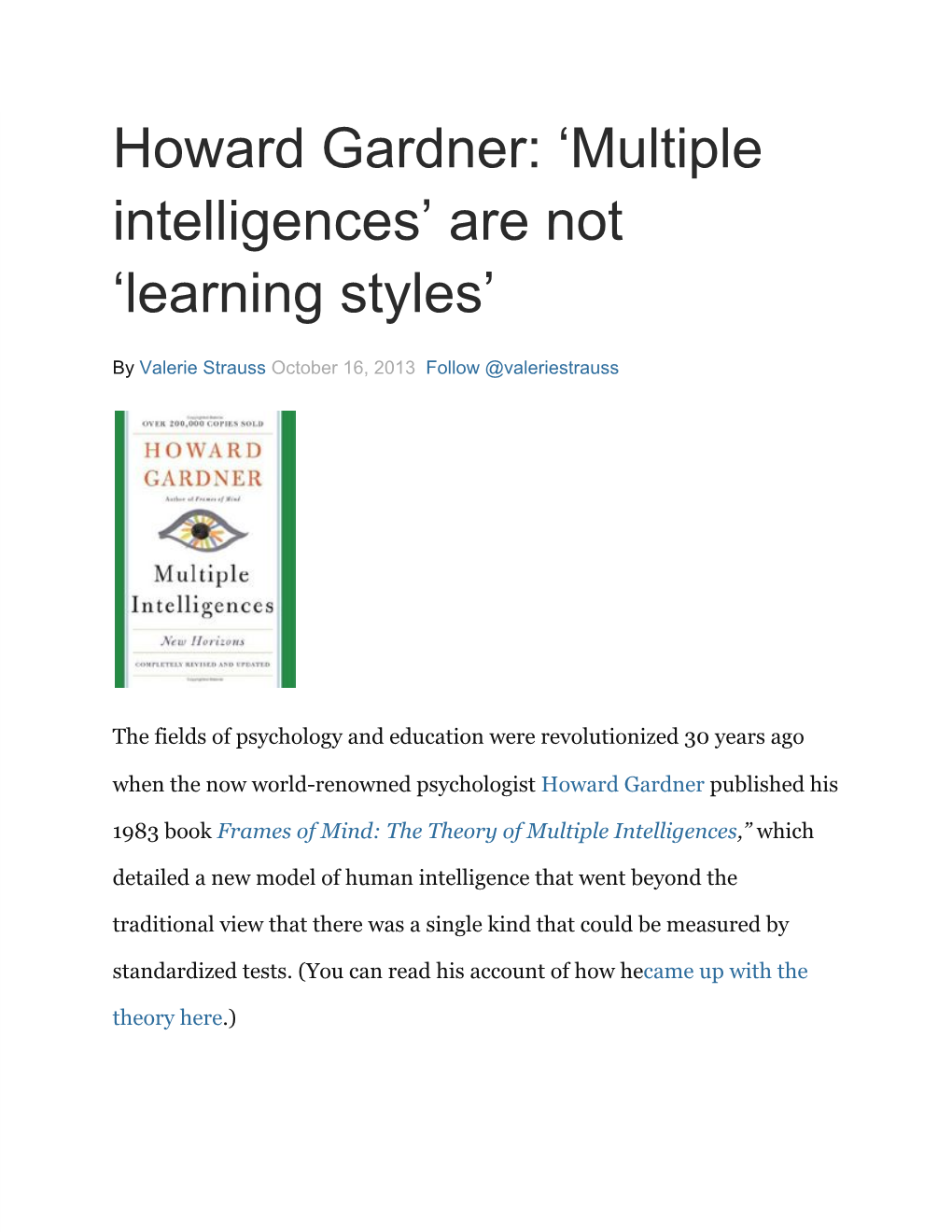 Howard Gardner: 'Multiple Intelligences' Are Not 'Learning Styles'