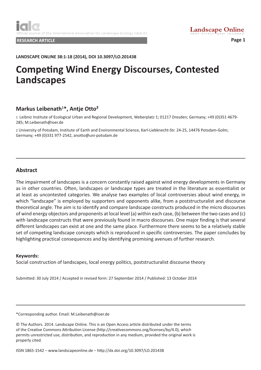 Competing Wind Energy Discourses, Contested Landscapes