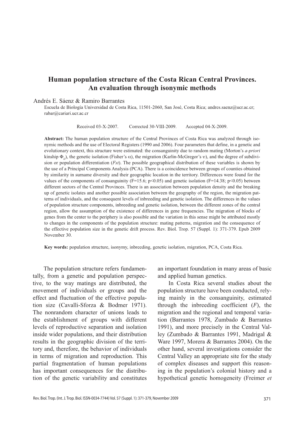 Human Population Structure of the Costa Rican Central Provinces. an Evaluation Through Isonymic Methods