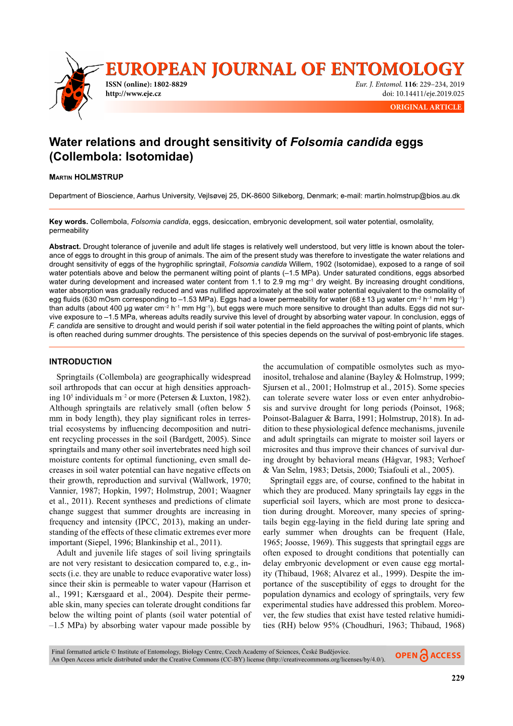 Water Relations and Drought Sensitivity of Folsomia Candida Eggs (Collembola: Isotomidae)