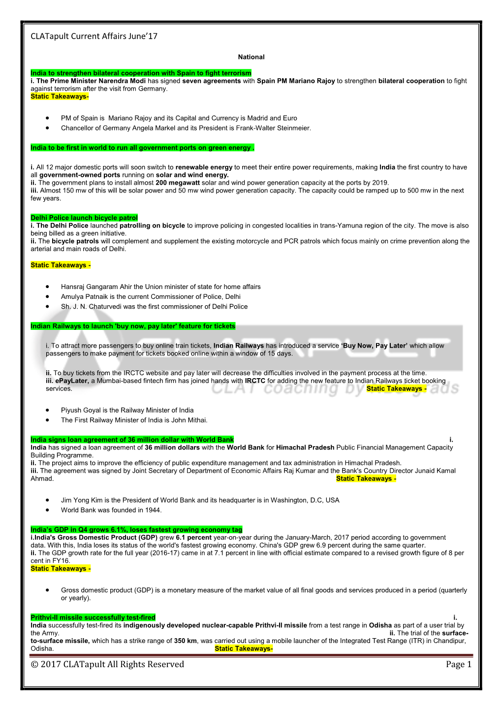 Clatapult Current Affairs June'17 © 2017 Clatapult All Rights Reserved Page 1