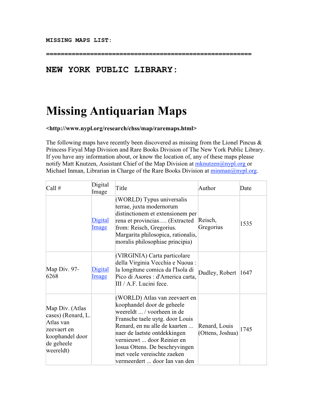 Missing Antiquarian Maps