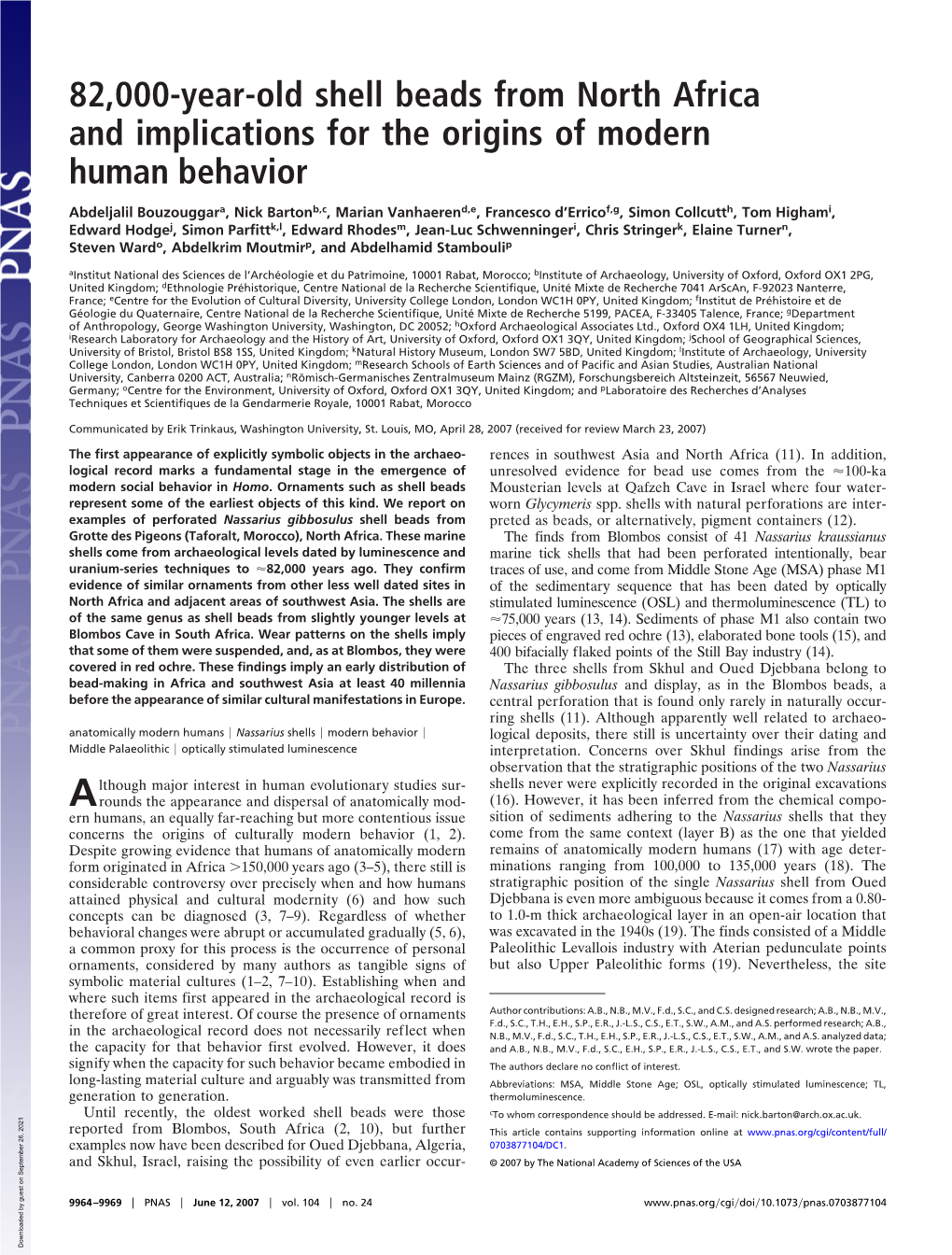 82,000-Year-Old Shell Beads from North Africa and Implications for the Origins of Modern Human Behavior