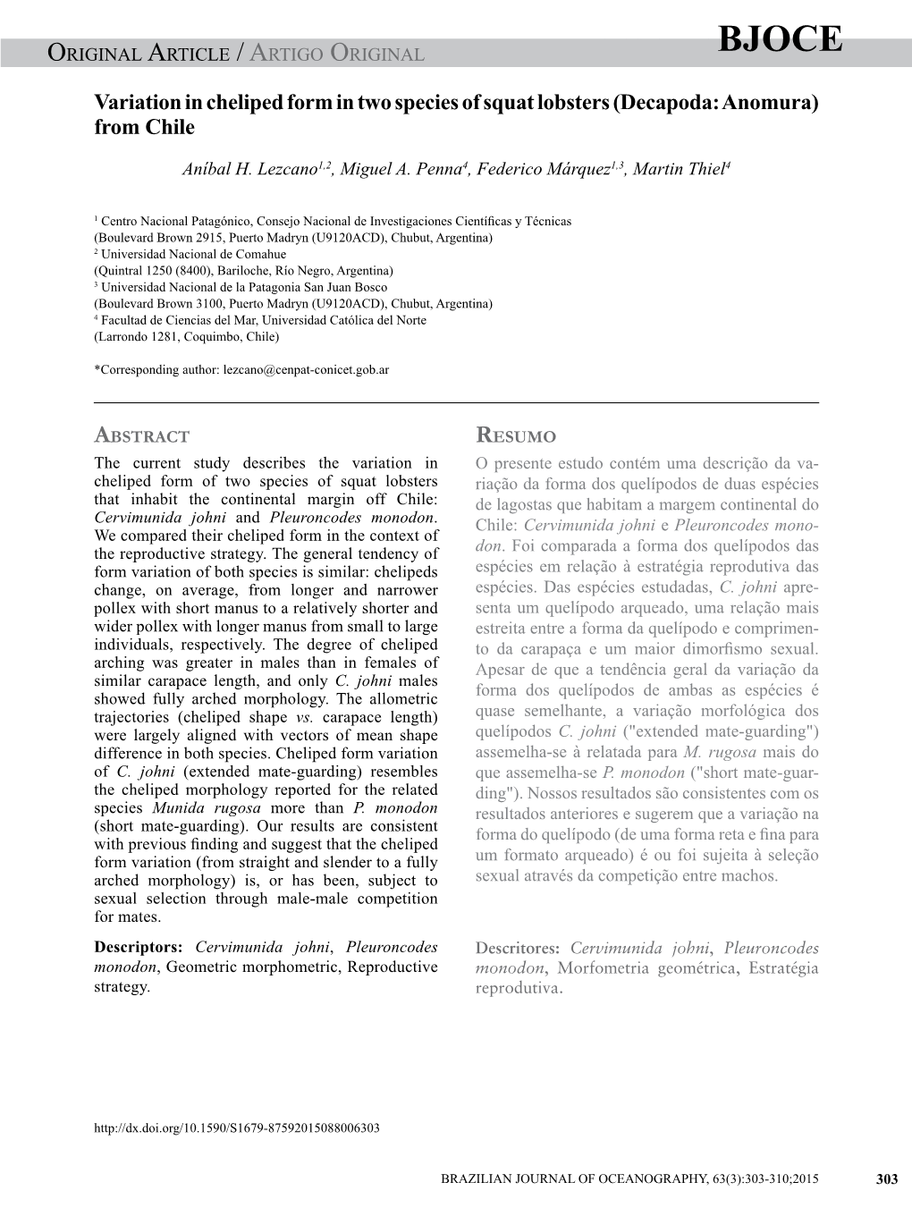 Variation in Cheliped Form in Two Species of Squat Lobsters (Decapoda: Anomura) from Chile