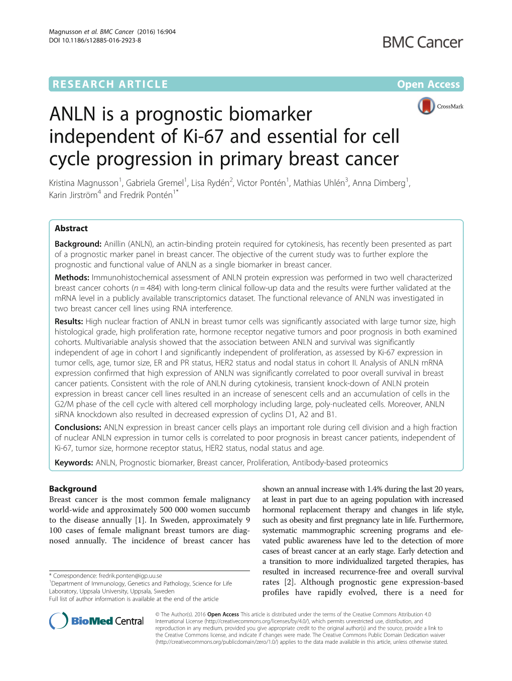 ANLN Is a Prognostic Biomarker Independent of Ki-67 and Essential
