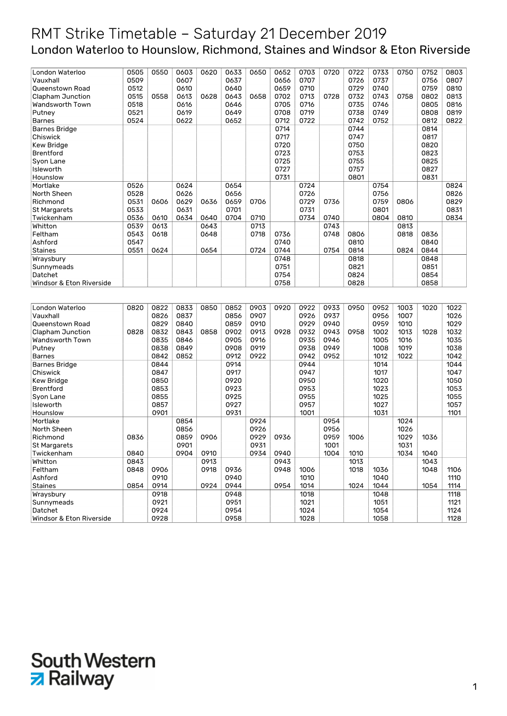RMT Strike Timetable – Saturday 21 December 2019 London Waterloo to Hounslow, Richmond, Staines and Windsor & Eton Riverside