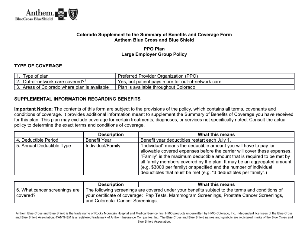 Colorado Supplement to the Summary of Benefits and Coverage Form