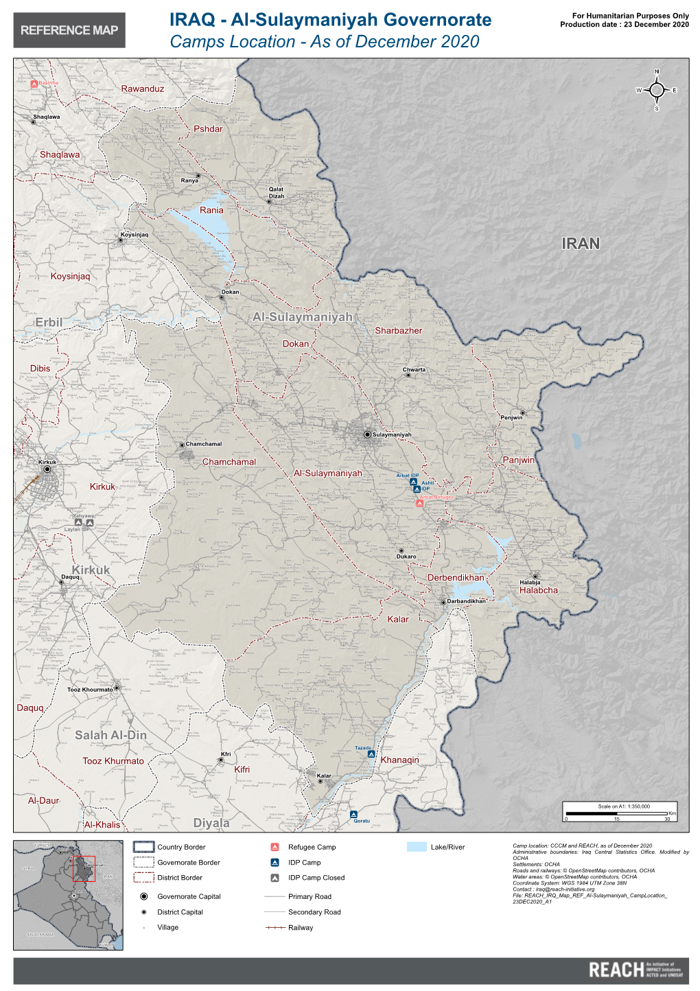 IRAQ - Al-Sulaymaniyah Governorate Production Date : 23 December 2020 REFERENCE MAP Camps Location - As of December 2020