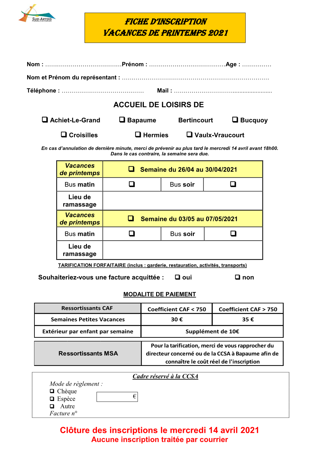 Fiche D'inscription Vacances DE PRINTEMPS 2021