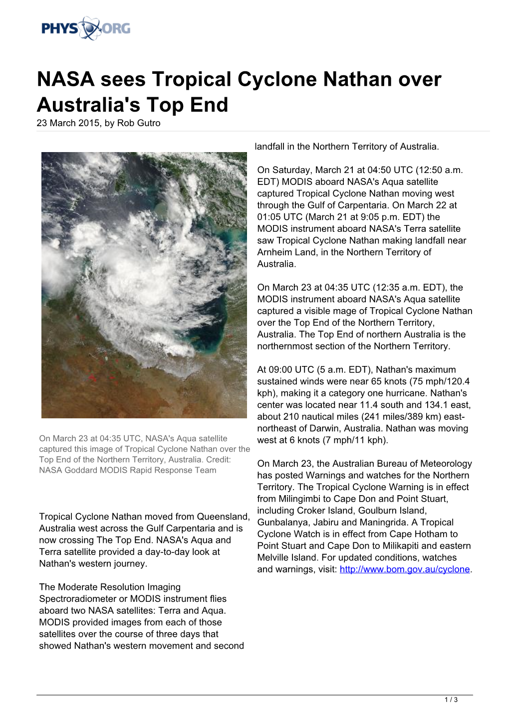 NASA Sees Tropical Cyclone Nathan Over Australia's Top End 23 March 2015, by Rob Gutro