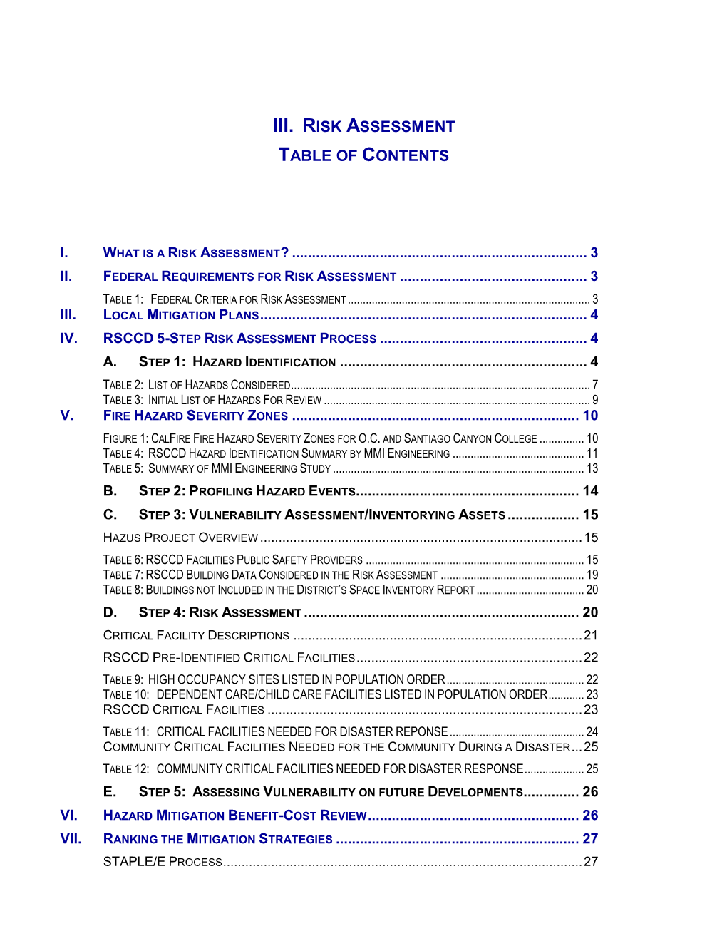 Risk Assessment Table of Contents