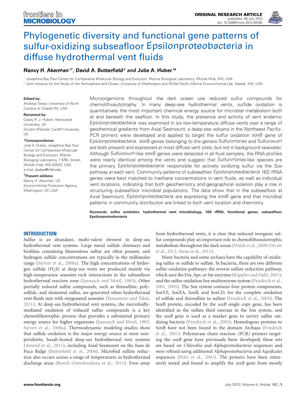 Phylogenetic Diversity and Functional Gene Patterns of Sulfur-Oxidizing Subseaﬂoor Epsilonproteobacteria in Diffuse Hydrothermal Vent ﬂuids