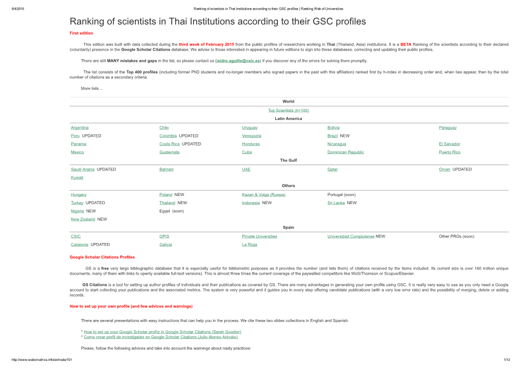 Ranking of Scientists in Thai Institutions According to Their GSC