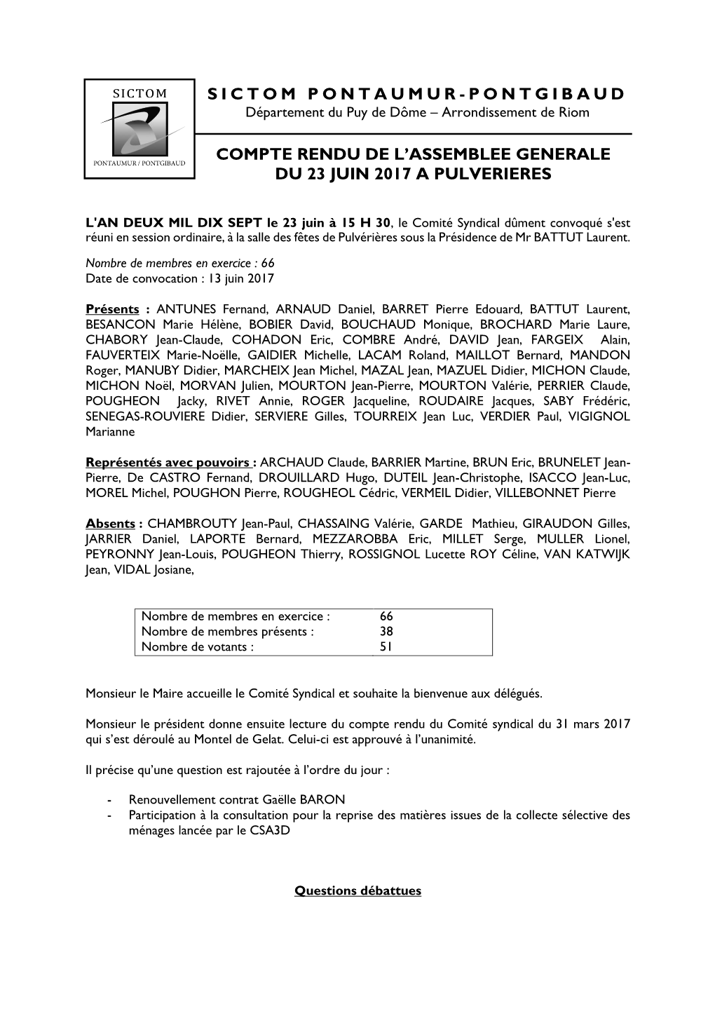 Comité Syndical Du 23 Juin 2017