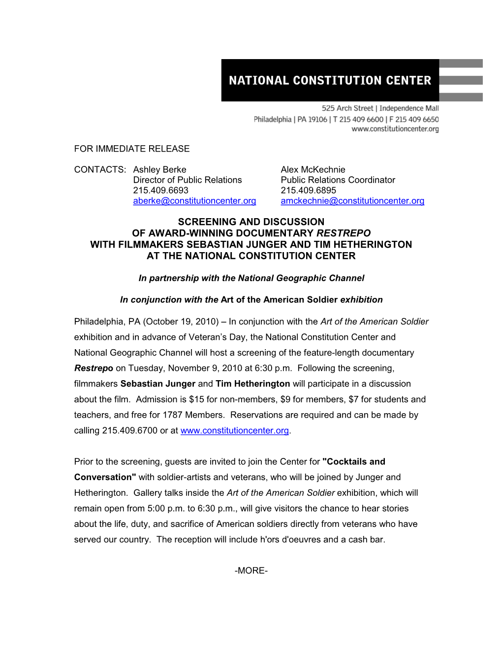 Screening and Discussion of Award-Winning Documentary Restrepo with Filmmakers Sebastian Junger and Tim Hetherington at the National Constitution Center