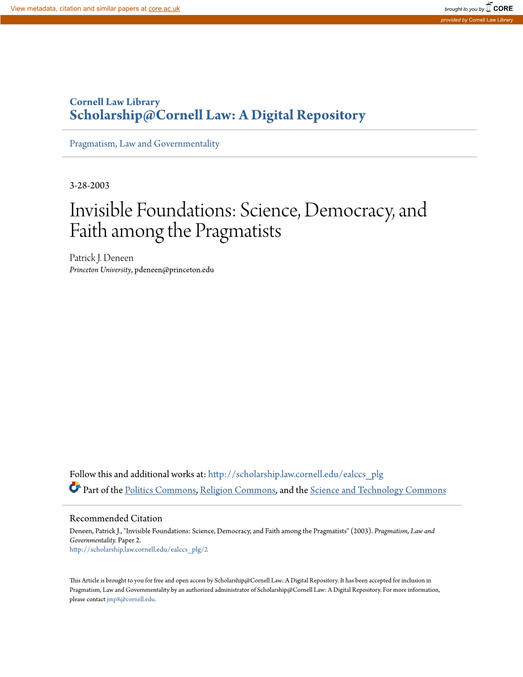 Science, Democracy, and Faith Among the Pragmatists Patrick J