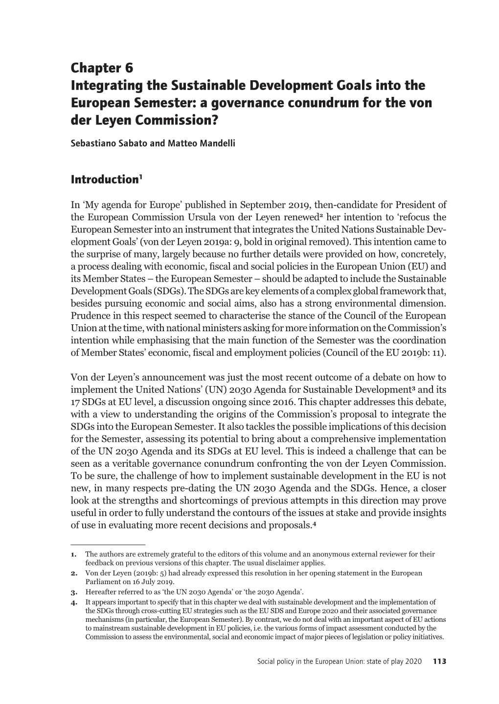 Chapter 6 Integrating the Sustainable Development Goals Into the European Semester: a Governance Conundrum for the Von Der Leyen Commission?