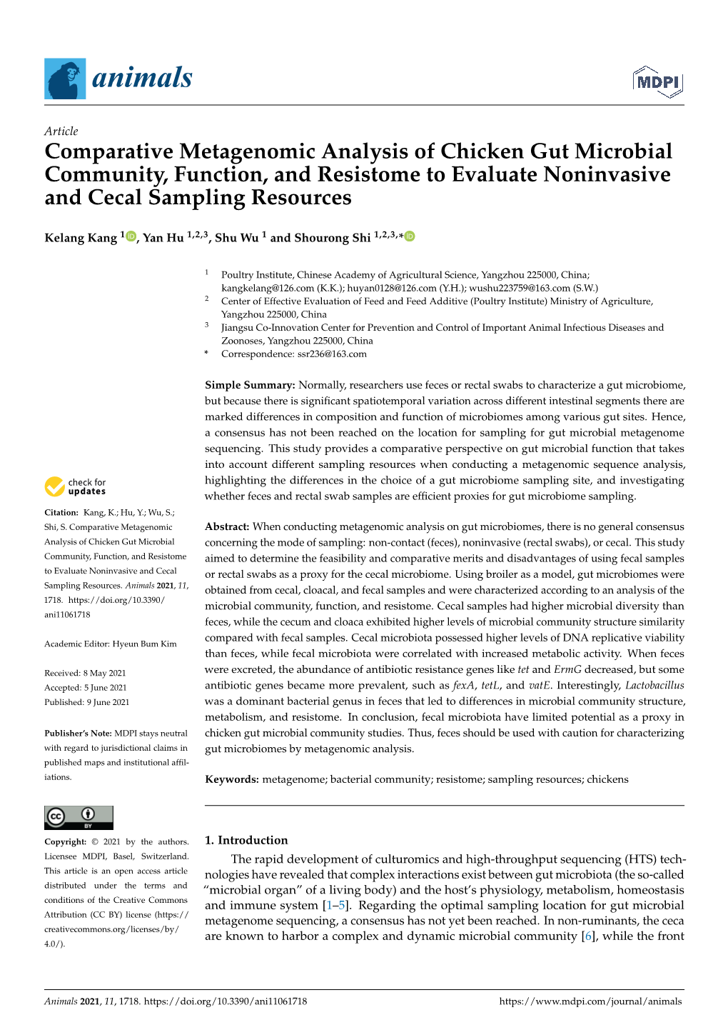 Comparative Metagenomic Analysis of Chicken Gut Microbial Community, Function, and Resistome to Evaluate Noninvasive and Cecal Sampling Resources