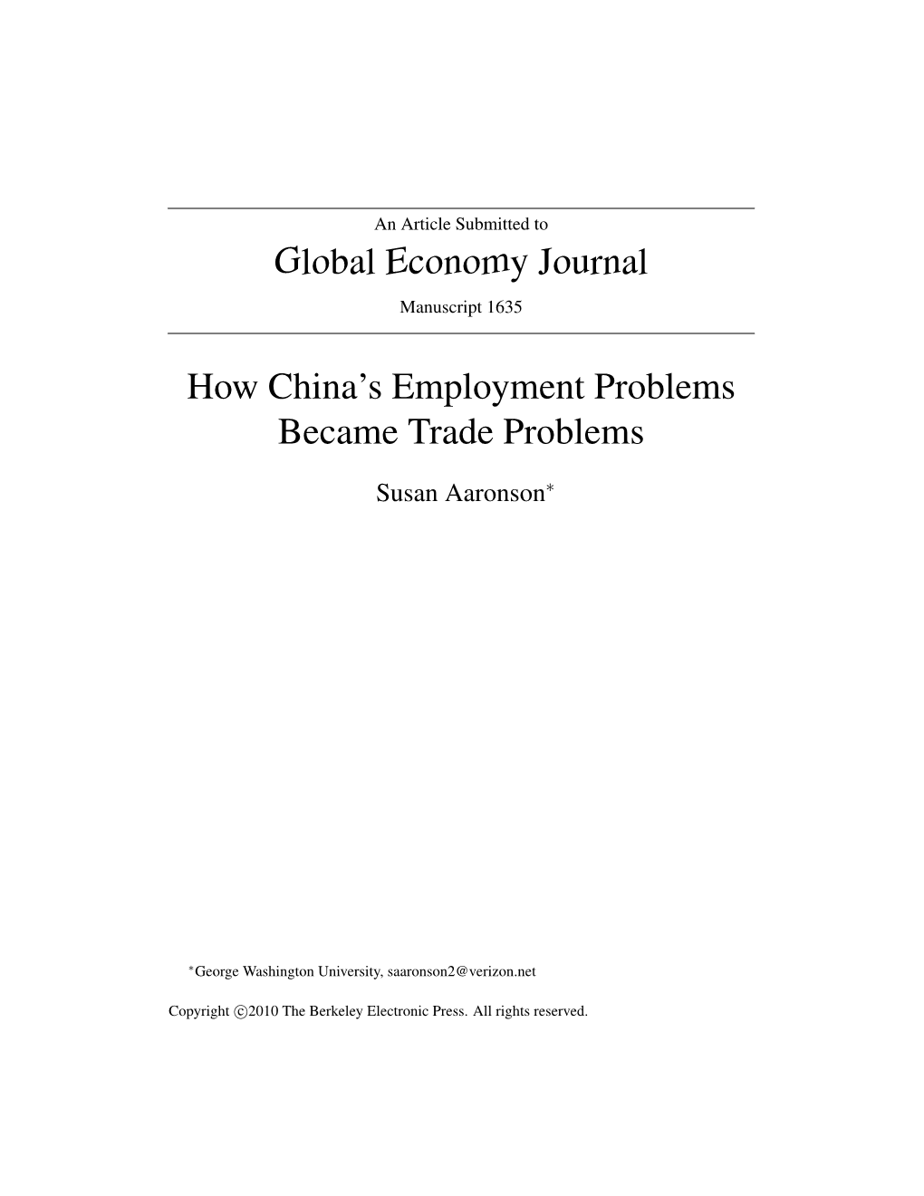 Global Economy Journal How China's Employment Problems Became