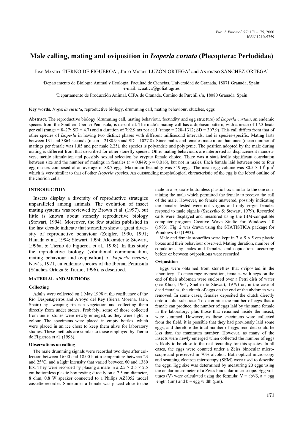 Male Calling, Mating and Oviposition in Isoperla Curtata (Plecoptera