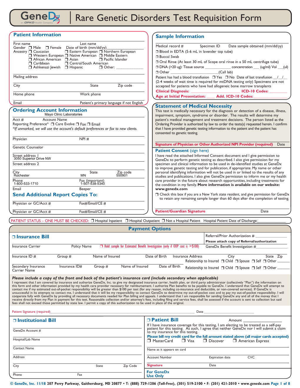 Rare Genetic Disorders Test Requisition Form