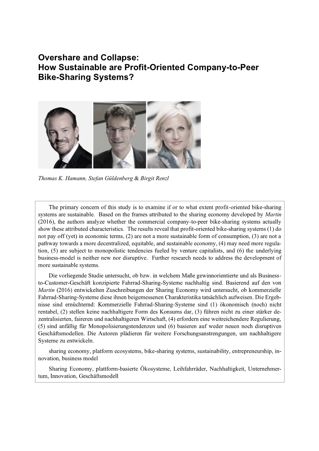 Overshare and Collapse: How Sustainable Are Profit-Oriented Company-To-Peer Bike-Sharing Systems?
