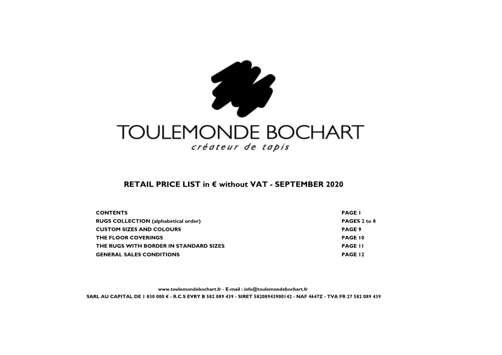 RETAIL PRICE LIST in € Without VAT - SEPTEMBER 2020