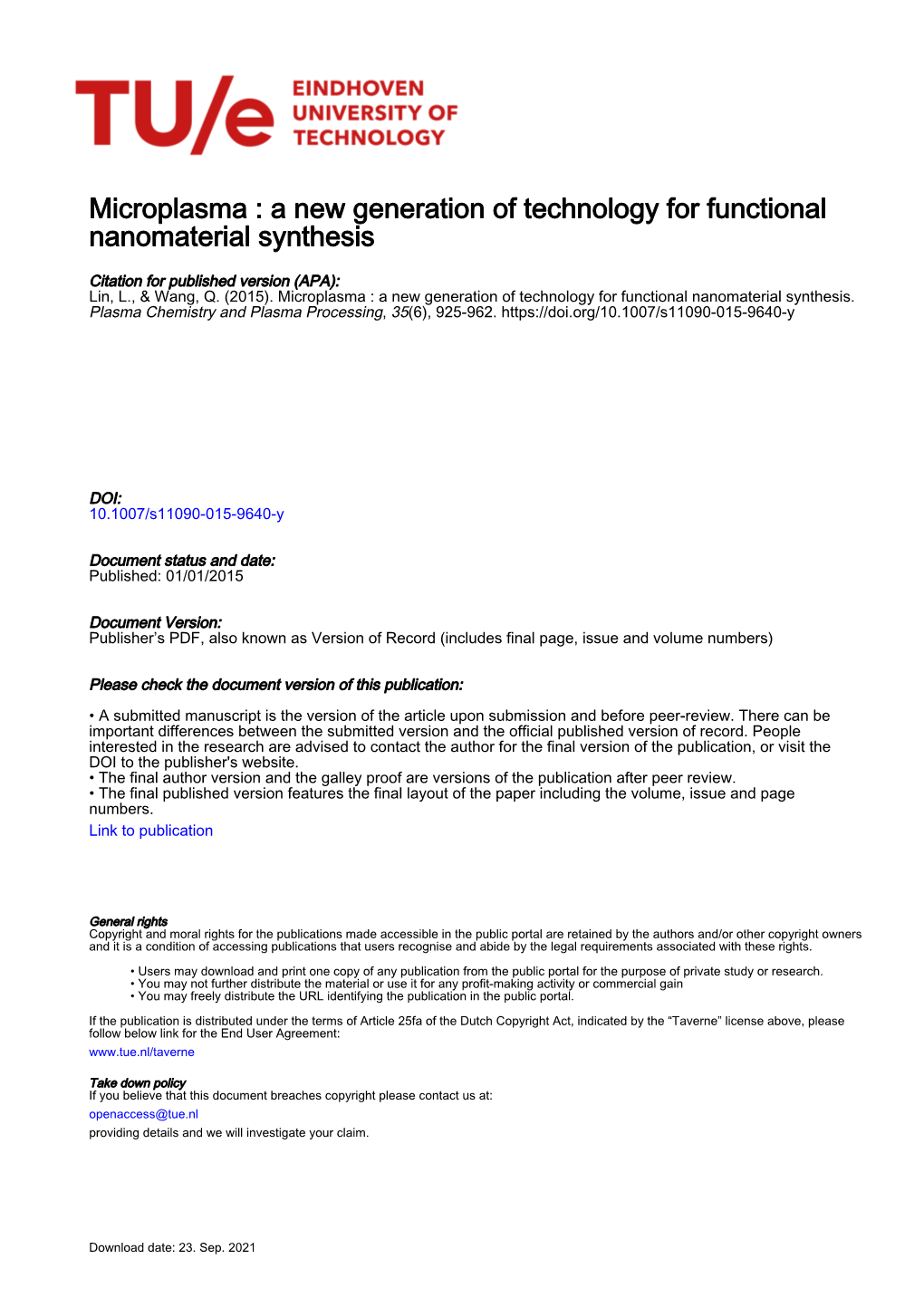 Microplasma : a New Generation of Technology for Functional Nanomaterial Synthesis